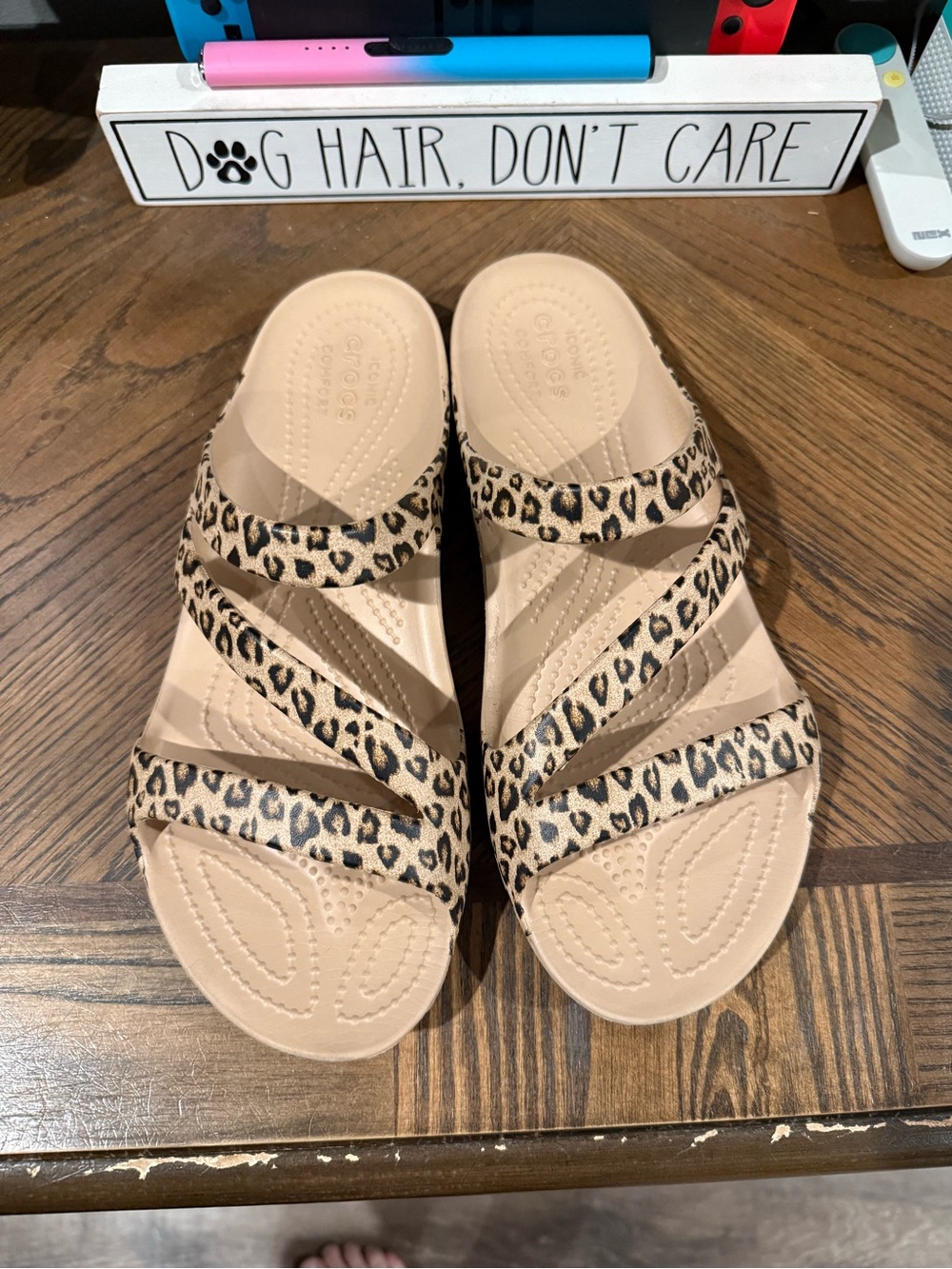 CROCS Women's Beige Sandals with Leopard Print Straps